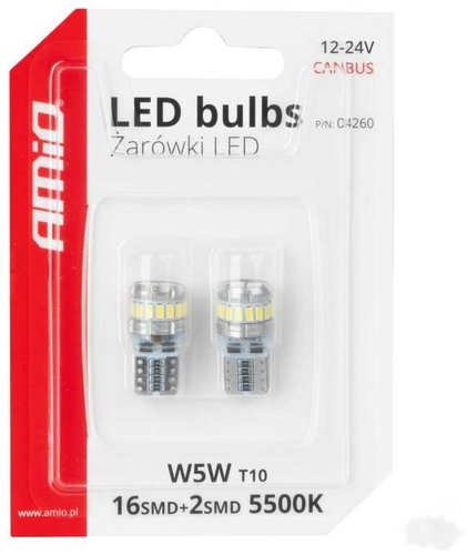 AMIO LED bulbs CANBUS 12 V/24 V 5 W W2,1 × 9,5 d clear, 2 pcs - LED Car Bulb - Main image