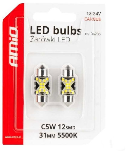 AMIO LED bulb Festoon CANBUS 12/24V SV31mm clear, 2 pcs - LED Car Bulb - Main image