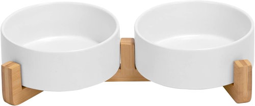 Senzanakupy Ceramic double bowl with bamboo base 2 × 400 ml - white - Dog Bowl - Main image