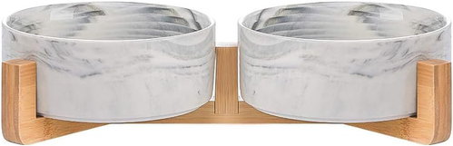 Senzanakupy Ceramic double marble bowl with bamboo base 2 × 400 ml - grey - Dog Bowl - Main image