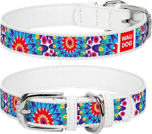 Waudog Leather Collar Flowers White 30-39cm/2cm - Dog Collar - Main image
