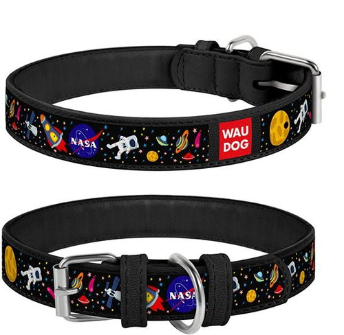 Waudog NASA Leather Collar, Black 29-38cm/2cm - Dog Collar - Main image