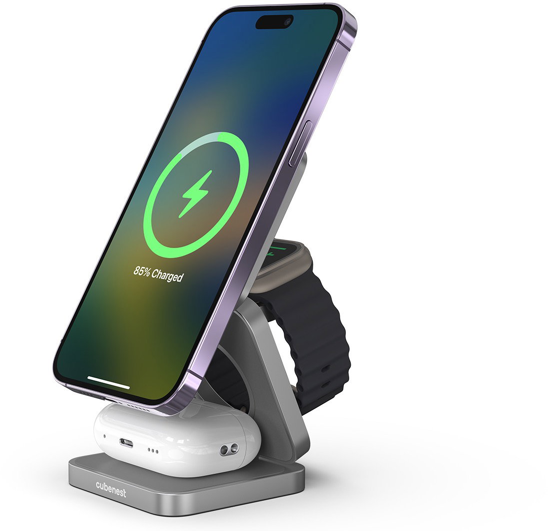 CubeNest S312 Pro Space Grey vezeték nélküli mágneses töltő 3 az 1-ben MagSafe támogatással