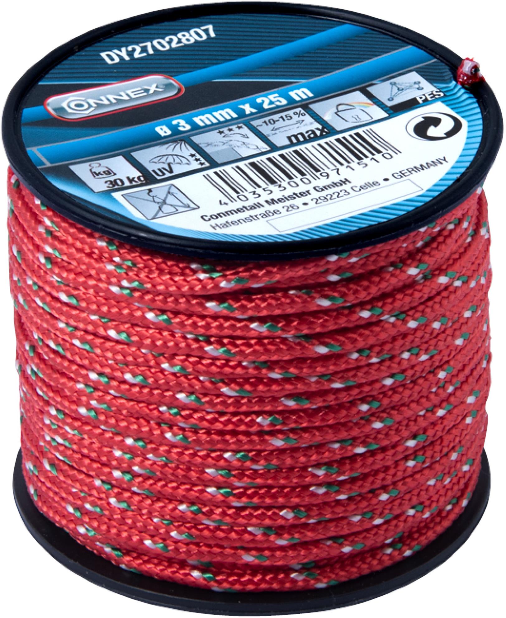 CONNEX PES fonott zsinór 16 szál, 3 mm × 25 m, piros/zöld/fehér