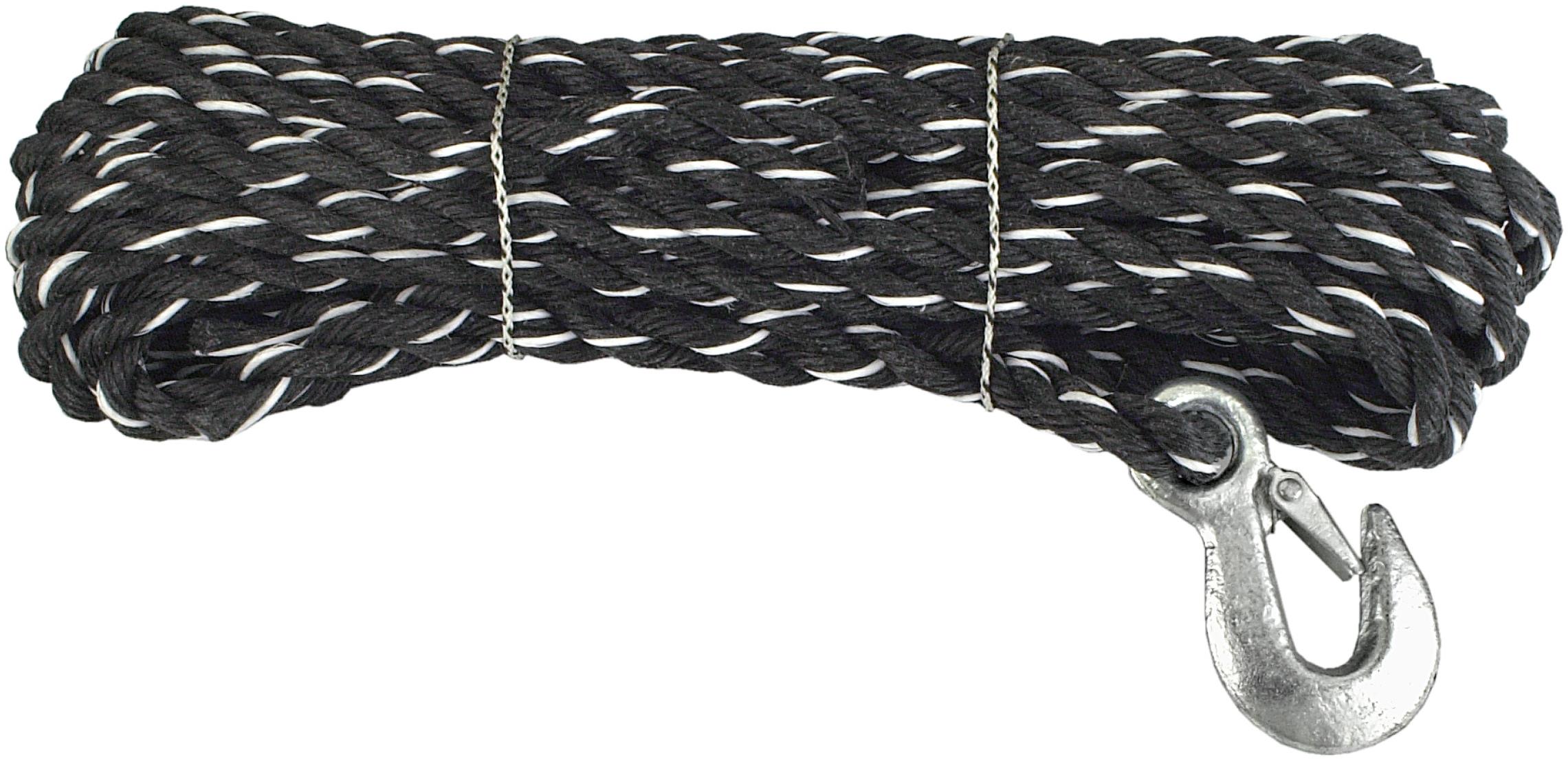 CONNEX PP tekercselt többcélú kötél, 3 szál, 14 mm × 10 m, fehér/fekete, horoggal