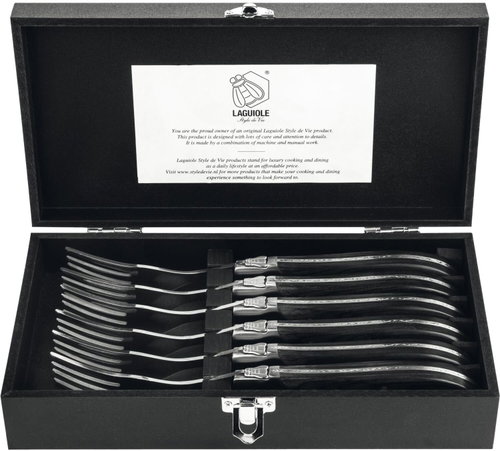 Lou Laguiole Luxury Line Steak Fork Set, Black Ebony Handle, 6pcs, Length 250mm - Cutlery Set - Main image