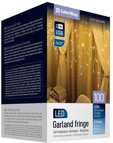 ColorWay CW-GF-100L36UWW, LED vánoční girlanda, 100x LED, Teplá bílá, Délka 3m x 0,6 m, USB - Světelný řetěz - Hlavní obrázek