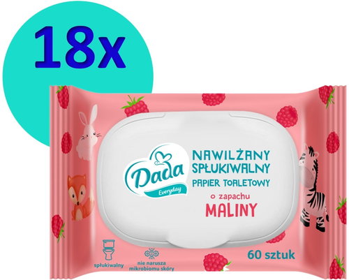 DADA raspberry-scented wet toilet paper with lid - 18 × 60 pcs - Moist toilet paper - Main image