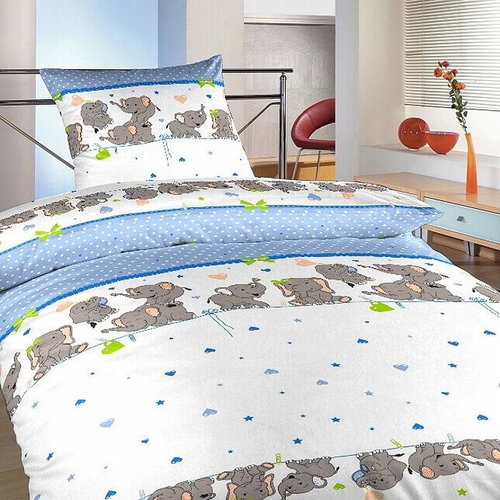 Dadka Crib crepe bed linen Elephants denim 90×130, 45×60cm - Bed Linen - Main image