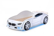 Dětská postel auto Futuka kids EVO MOTOR + LED světlomety + Spodní světlo + Spojler BÍLÁ - Postel
