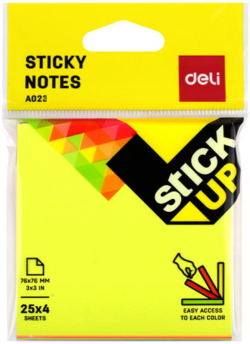 DELI STICK UP Easy acces samolepicí 76 × 76 mm, 4 × 25 lístků, neonový mix barev - Memo Pad - Main image