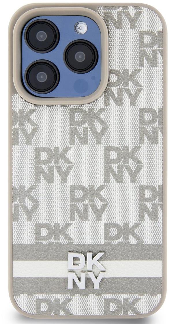 DKNY Checkered Pattern and Stripe iPhone 13 Pro Max bézs PU bőr tok