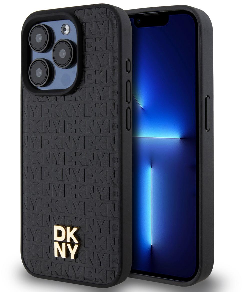 DKNY Repeat Pattern Stack Logo iPhone 14 Pro fekete PU bőr MagSafe tok