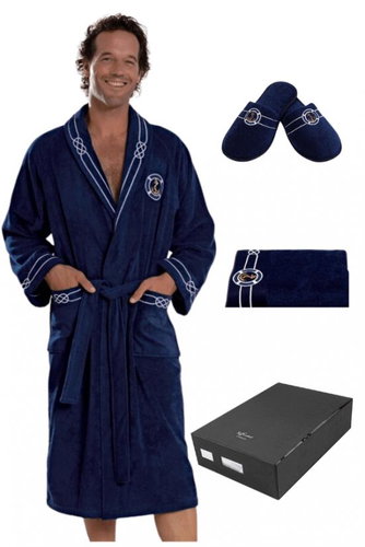 Soft Cotton Men's robe Marine Man in gift pack + towel + slippers 42/44, dark blue, XL - Bathrobe - Main image
