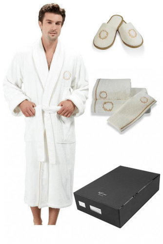 Soft Cotton Men's bathrobe Sehzade in gift pack + towel + slippers 42/44, off-white, L - Bathrobe - Main image