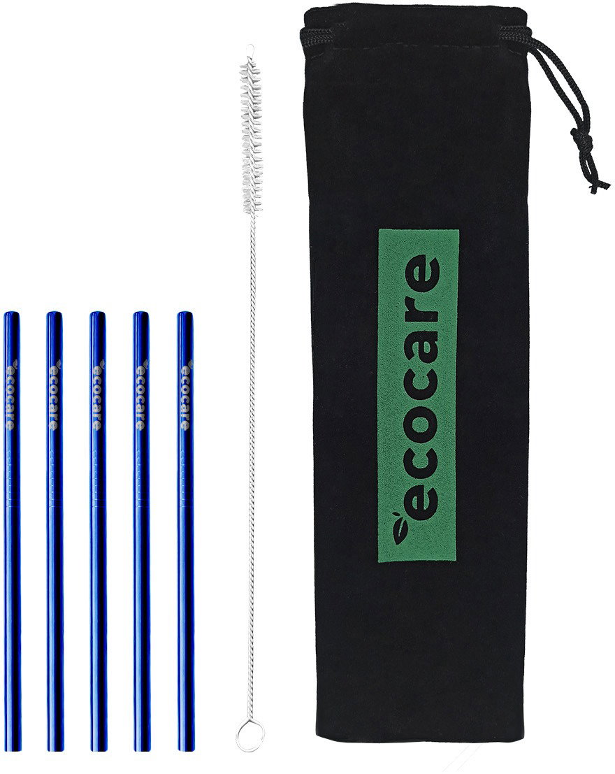 Ecocare Környezetbarát fém szívószál, kék, 16×0,6 cm, 5 db