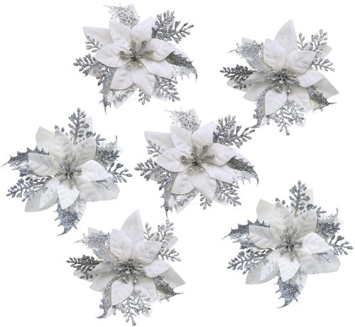 DOMMIO Christmas ornaments - silver ponsetie with clip, 13 cm, 6 pcs - Christmas Decoration - Main image