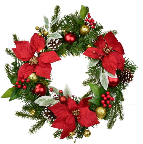 BerryHome Wreath with ponsettias with red and gold balls, 15× LED, H 40 cm - Wreath - Main image