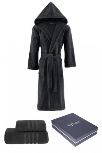 Soft Cotton Unisex gift set Stripe bathrobe with towel and bath towel, anthracite, XL - Bathrobe - Main image