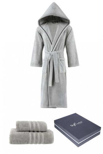 Soft Cotton Unisex gift set Stripe bathrobe with towel and bath towel, grey - Bathrobe - Main image