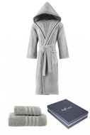 Soft Cotton Unisex gift set Stripe bathrobe with towel and bath towel, grey, L - Bathrobe
