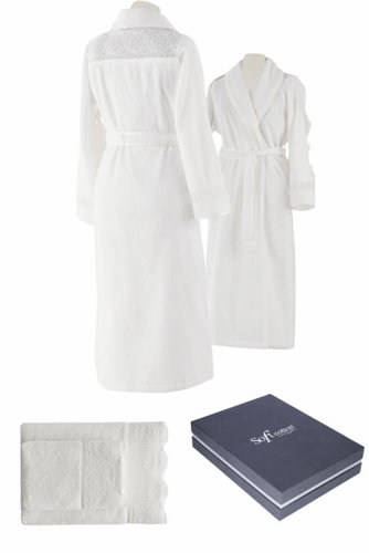 Soft Cotton Queen bathrobe gift set with towel and bath towel, cream, S - Bathrobe - Main image