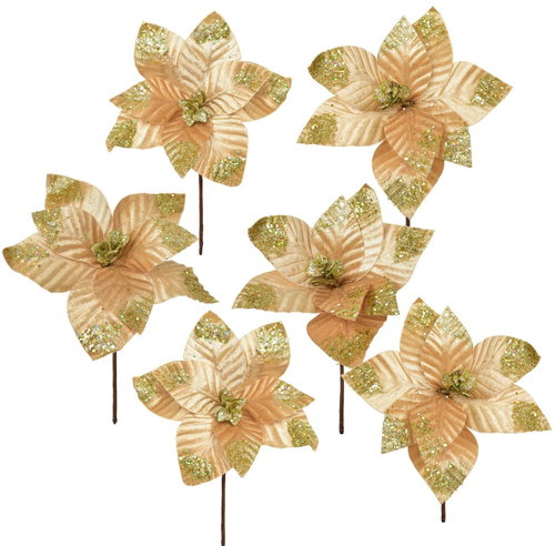DOMMIO Poinsettia flower - textile plug, diameter 25 cm, 6 pcs, shimmering gold - Christmas Ornaments - Main image