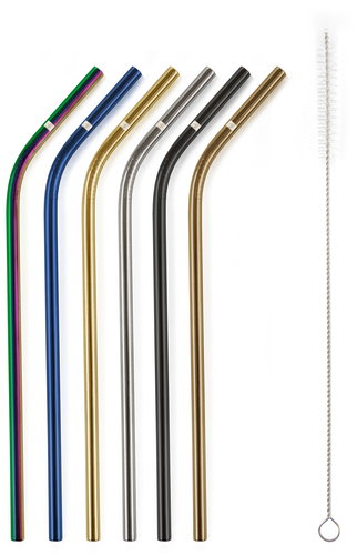 G21 BeEco Party 6 pcs, metal, mixed colours, curved + cleaning brush - Straw - Main image
