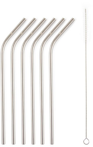 G21 BeEco Party 6 pcs, metal, silver, curved + cleaning brush - Straw - Main image