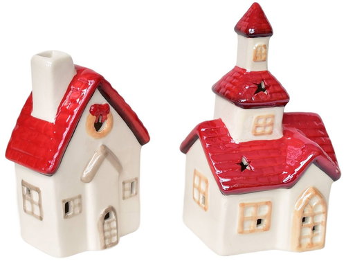 DOMMIO Church 16 cm and house 13 cm ceramic with LED lighting, set of 2 - Christmas Decoration - Main image