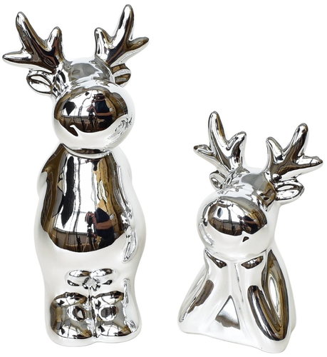DOMMIO Ceramic silver reindeer with reindeer, 16 cm and 11 cm, set of 2 - Christmas Decoration - Main image