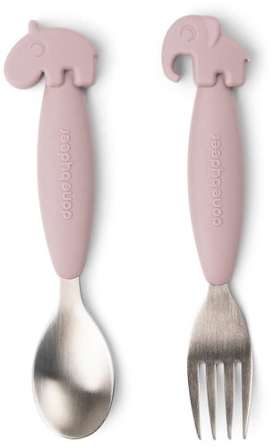 DONE BY DEER Easy-grip Deer friends spoon and fork set, pink - Children's Cutlery - Main image