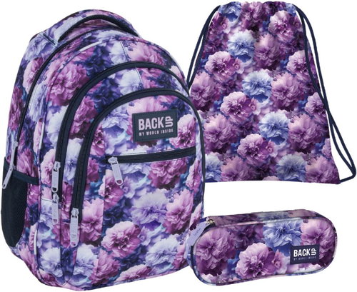 Derform BackUP Violet Flowers School Set 3-in-1 – Backpack, Pencil Case and Drawstring Bag - School Set - Main image