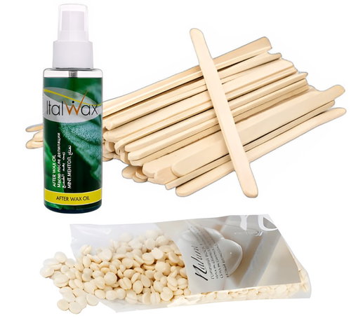 ItalWax Depilatory set film wax White Chocolate 200 g, thin spatulas 100 pcs, post-depilatory oil 1 - Hair Removal Wax - Main image