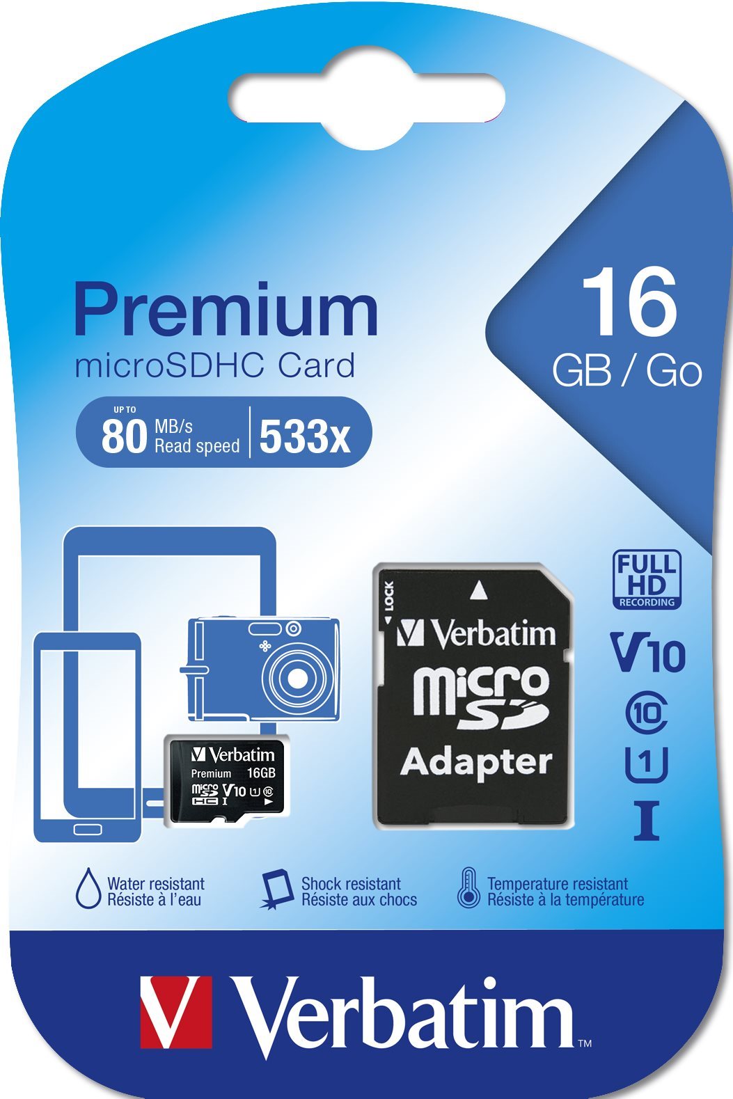 Verbatim Micro SDHC 16GB Class 10 SD adapter 3 600 Ft rt