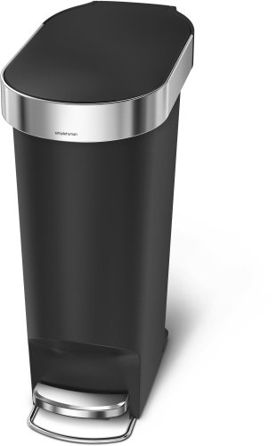 Simplehuman pedal bin, 40 l, black plastic, narrow, oval, with stainless steel bag cover - Rubbish Bin - Main image