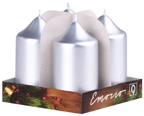 EMOCIO Advent silver metallic pillar candles 4pcs, 4×7.5cm - Candle Set - Main image