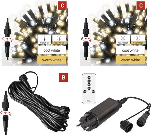 EMOS Premium Christmas Lights, Warm/Cool White, 2 × 10m + 10m Cable + Power Supply - Kit - Main image