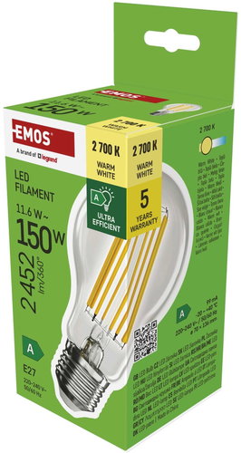 EMOS Filament A70, E27, 11,6 W, 150 W, 2 452 lm, teplá bílá, A CLASS - LED Bulb - Main image