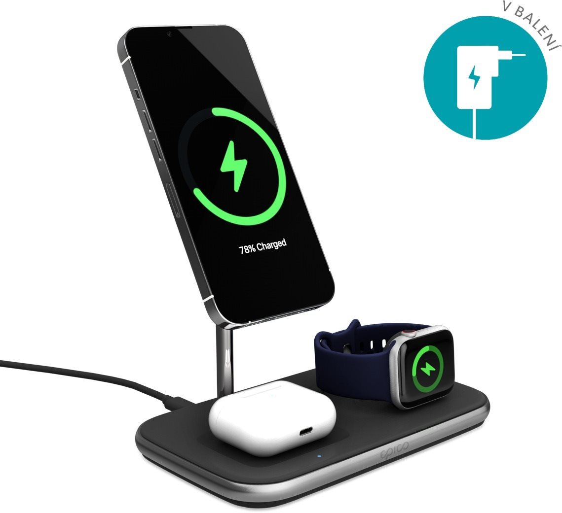 Epico 3in1 vezeték nélküli töltő Made for MagSafe adapterrel a csomagban - fekete