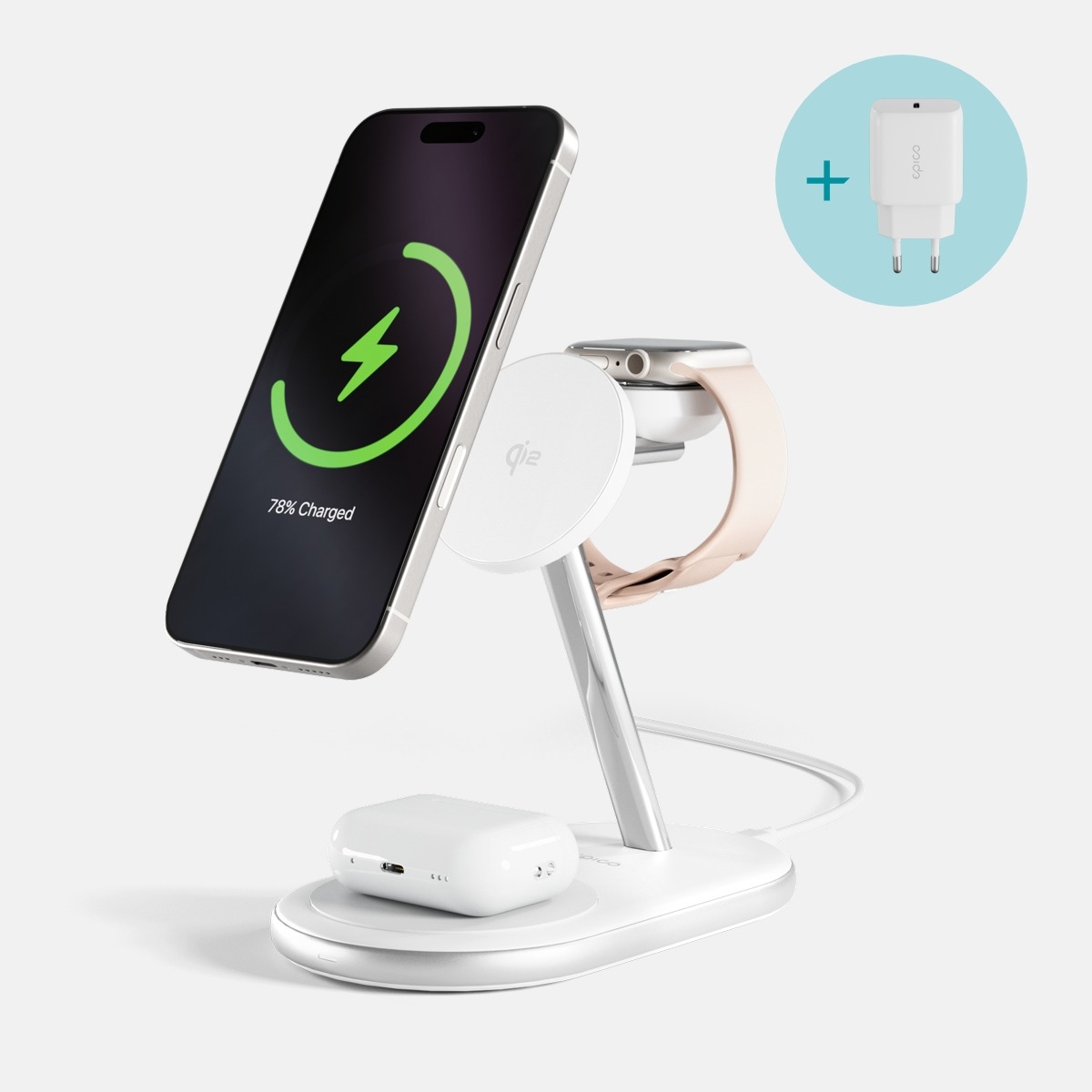 Epico UltraBase Qi2 3in1 Mag+ EX60 vezeték nélküli töltőállvány - fehér