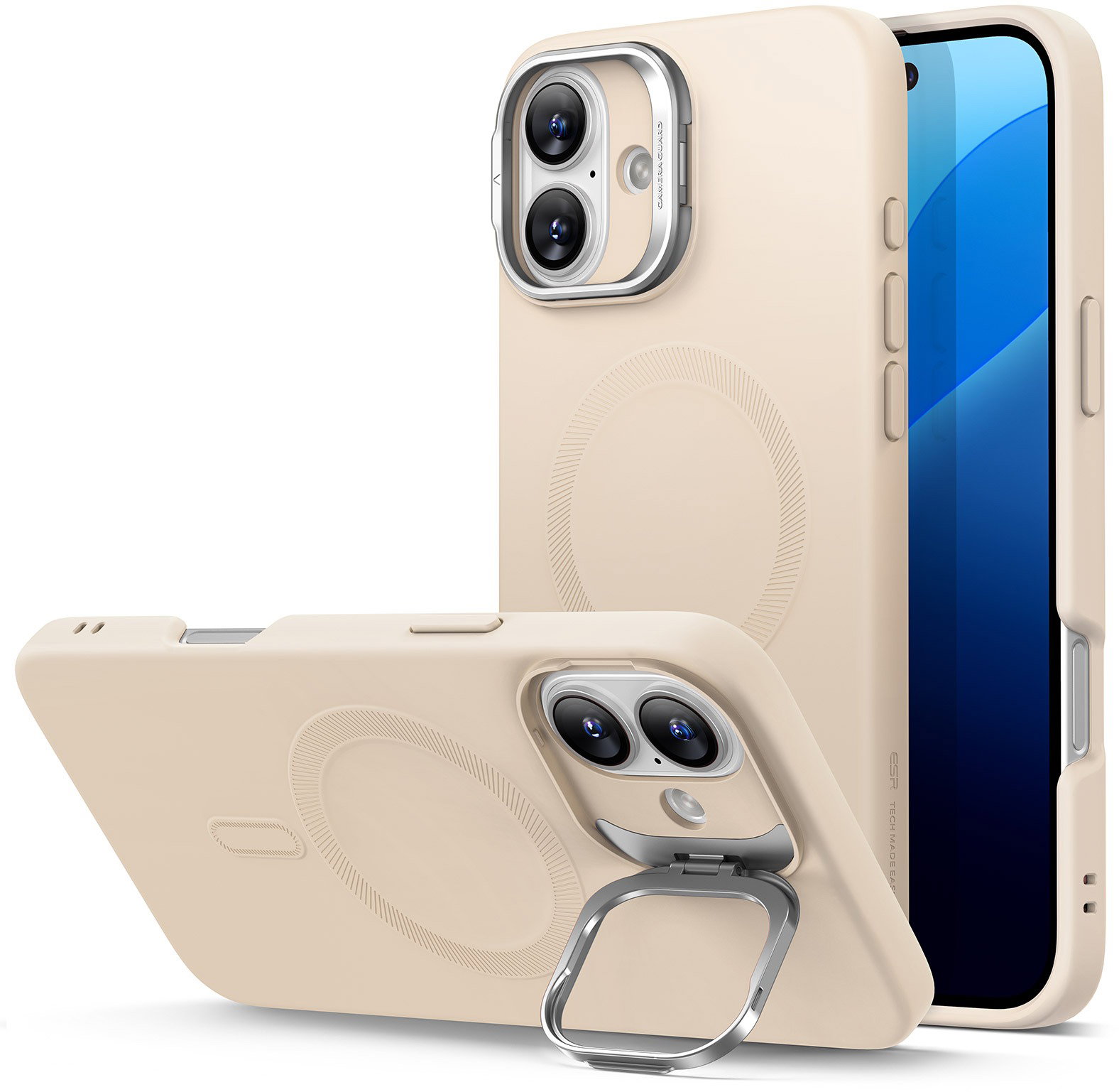 ESR Cloud Soft Case with Stash Stand (HaloLock), Compatible with iPhone 16 Plus, Light Tan tok