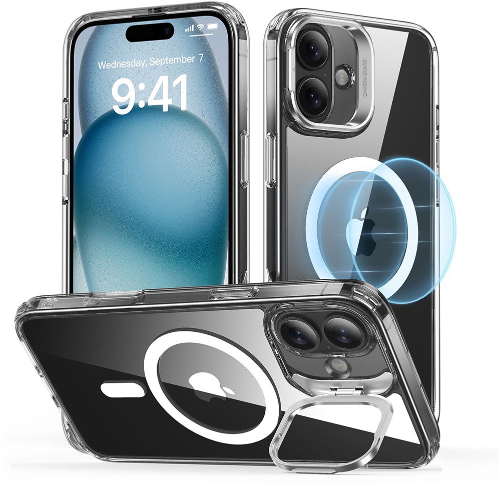 ESR Classic Hybrid Case with Stash Stand (HaloLock), Compatible with iPhone 16 Plus, Clear tok