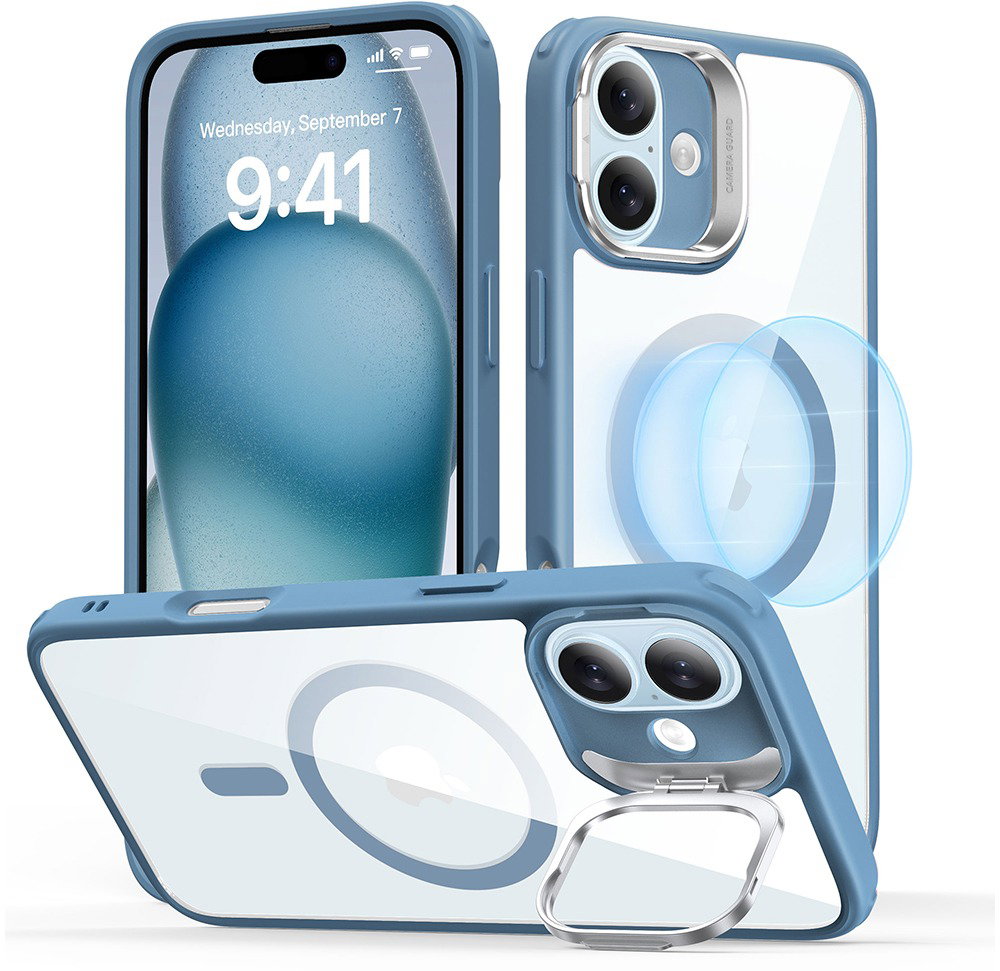 ESR Classic Hybrid Case with Stash Stand (HaloLock), Compatible with iPhone 16 Plus, Clear Blue tok