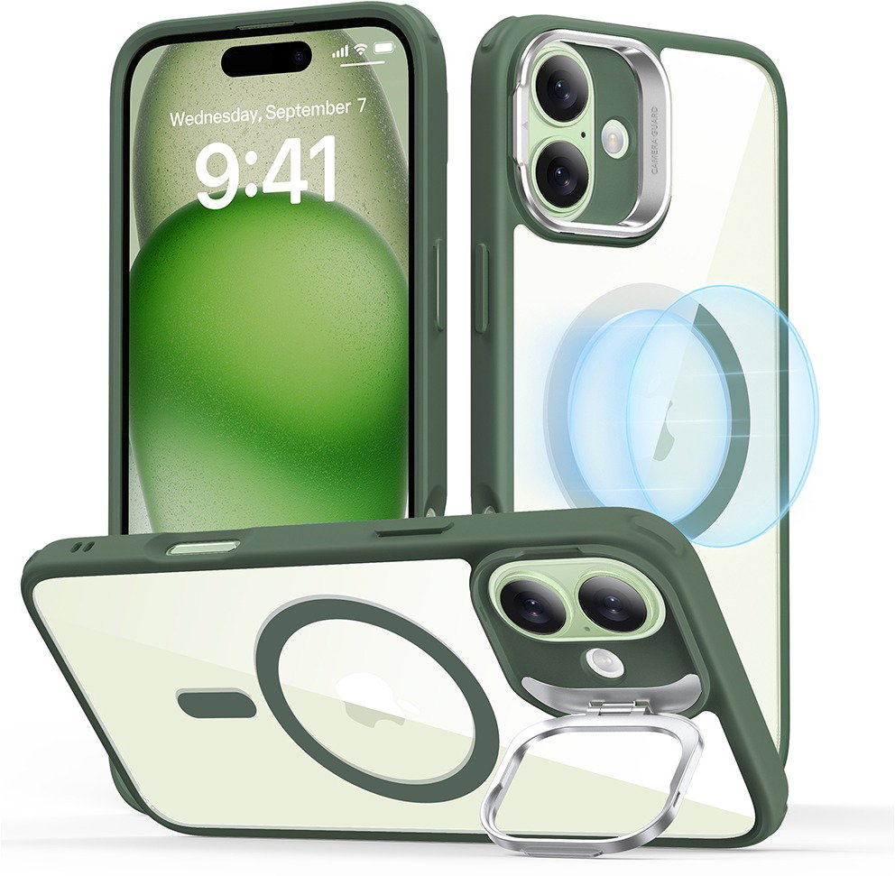 ESR Classic Hybrid Case with Stash Stand (HaloLock), Compatible with iPhone 16 Plus, Clear Green tok