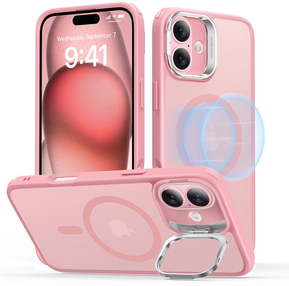 ESR Classic Hybrid Case with Stash Stand (HaloLock), Compatible with iPhone 16 Plus, Frosted Pink tok