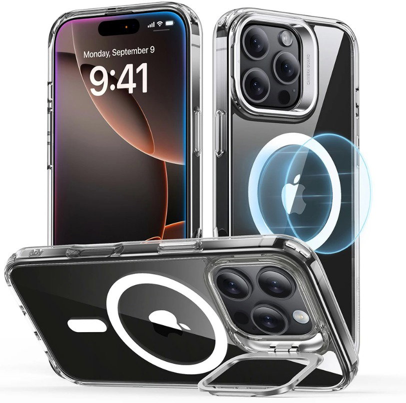 ESR Classic Hybrid Case with Stash Stand (HaloLock), Compatible with iPhone 16 Pro Max, Clear tok