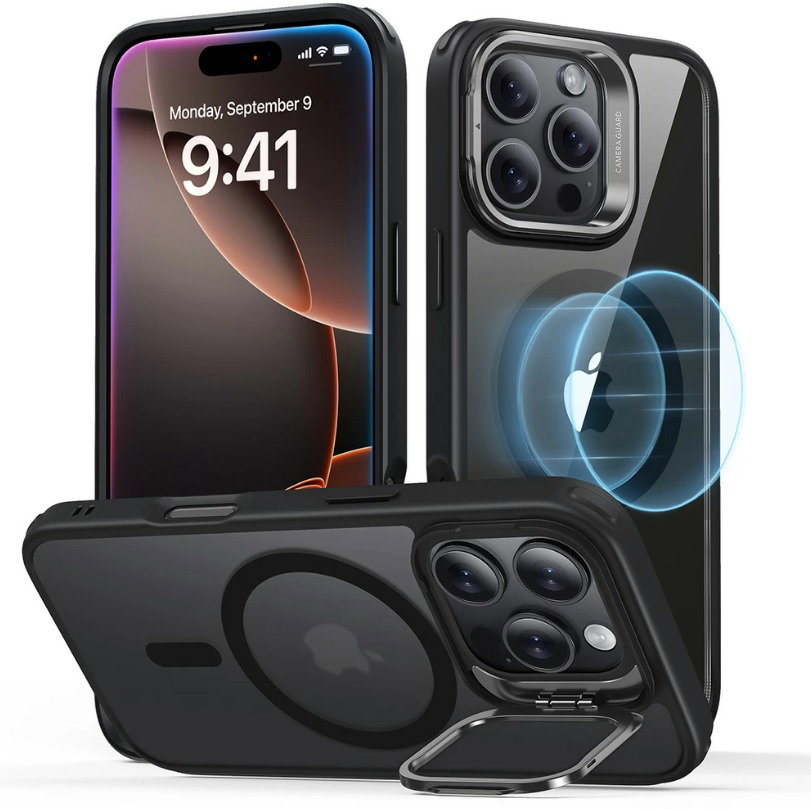 ESR Classic Hybrid Case with Stash Stand (HaloLock), Compatible with iPhone 16 Pro Max, Clear Black tok