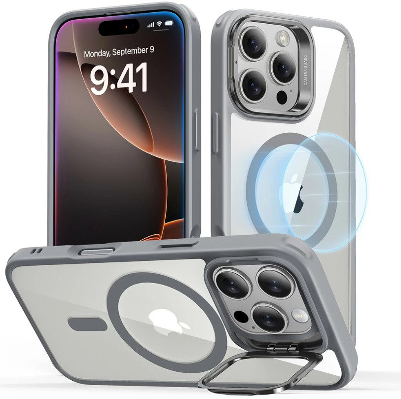 ESR Classic Hybrid Case with Stash Stand (HaloLock), Compatible with iPhone 16 Pro Max, Clear Grey tok