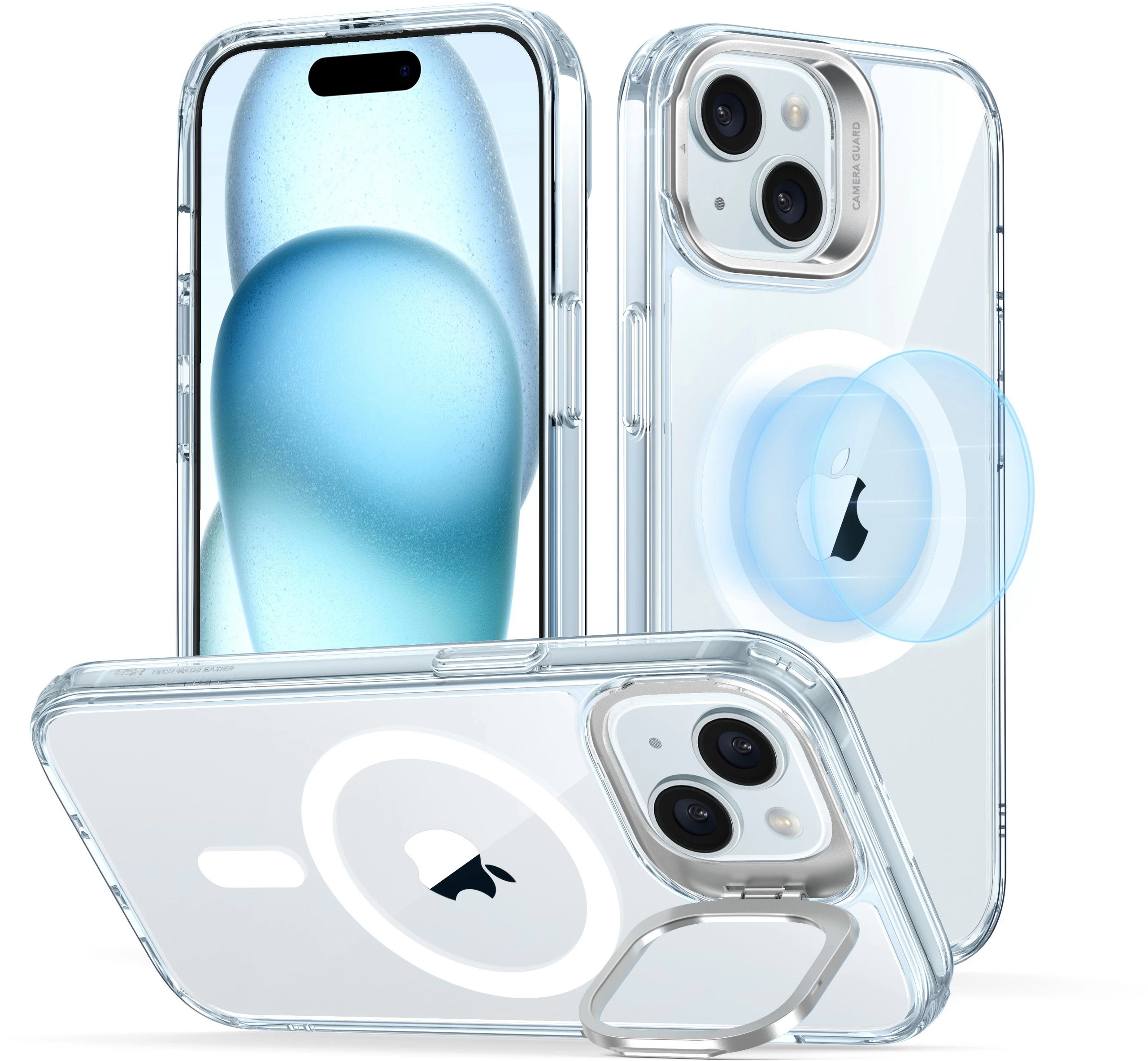 ESR Classic Hybrid Case with Stash Stand (HaloLock), Compatible with iPhone 15 Plus Clear Blue tok